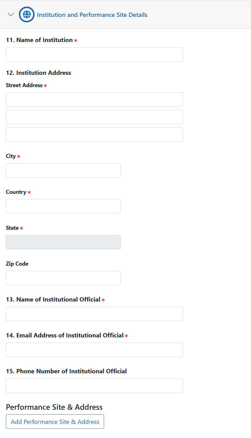 Certificate of Confidentiality Institute and Performance Site Details section