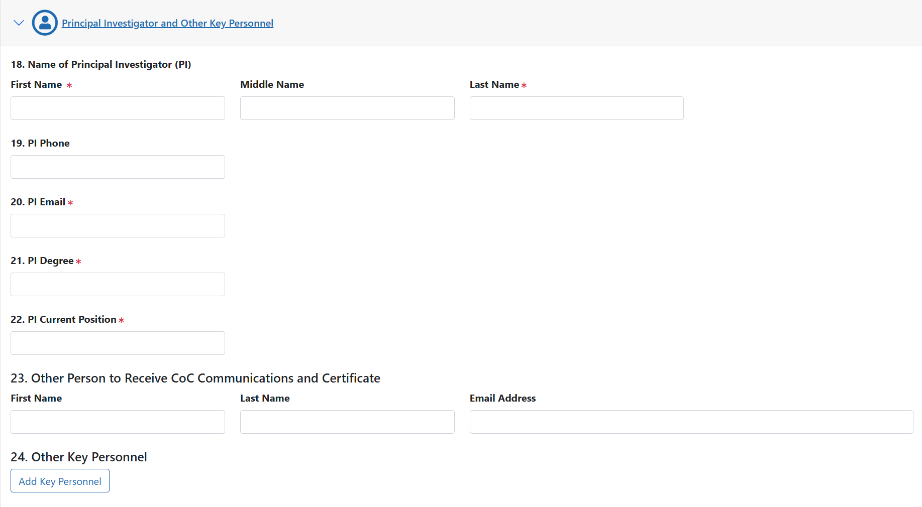 Certificate of Confidentiality Principal Investigator and Key Personnel section