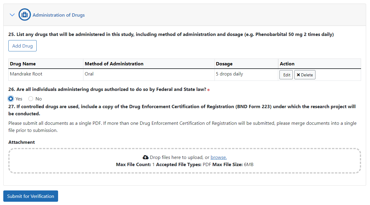 Certificate of Confidentiality Project Details screen
