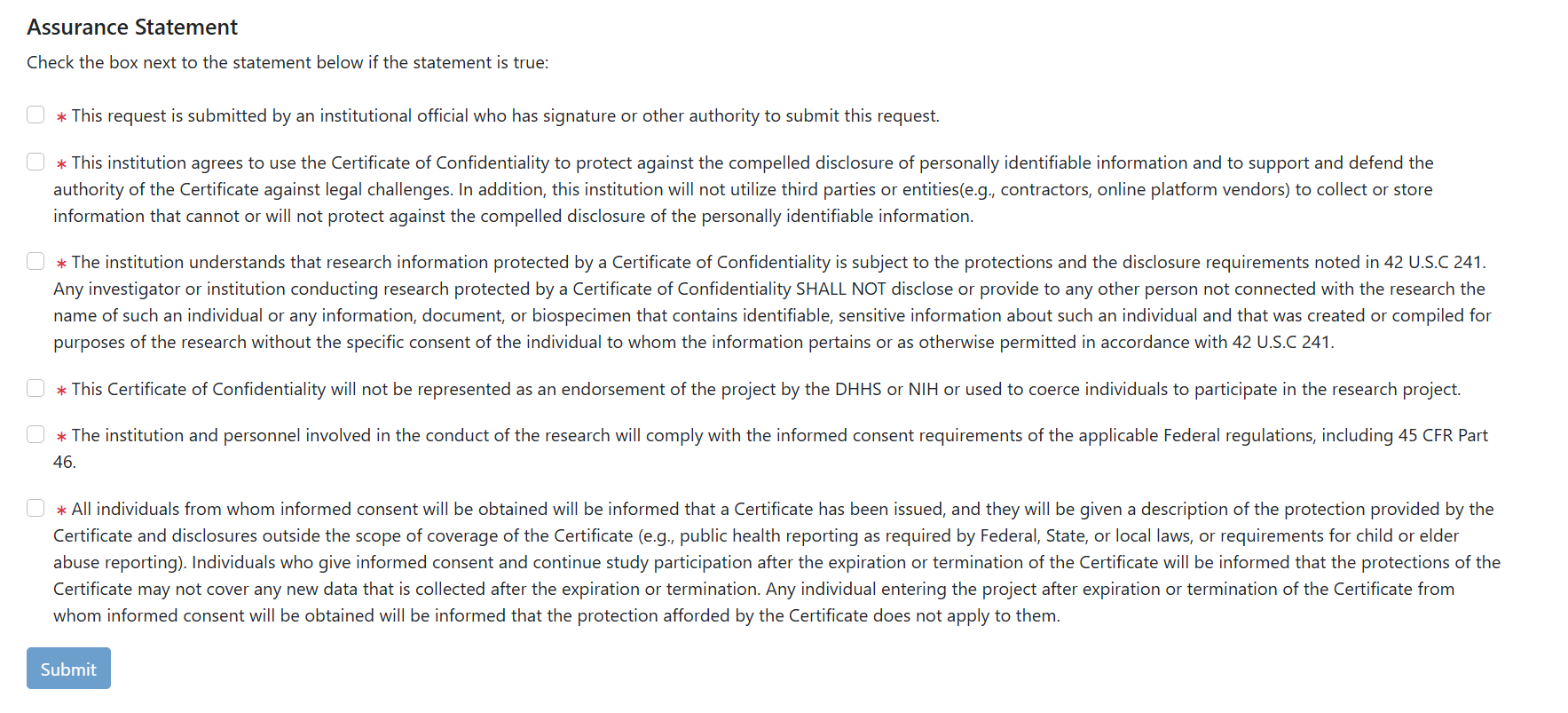 Verification Assurance Statement showing checkboxes for each statement that need to be verified