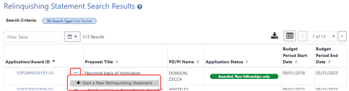 Search results for relinquishing statement showing "Start a New Relinquishing Statement" option under three-dot ellipsis menu