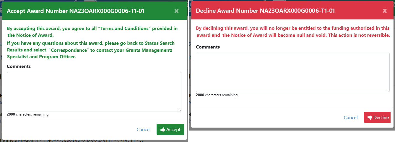 Accept Award and Decline Award popups