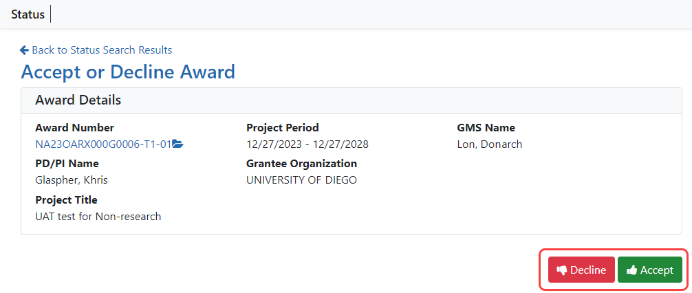 Accept or Decline Award screen with Decline and Accept buttons outlined