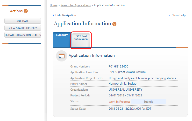 HSS tab in Application Information
