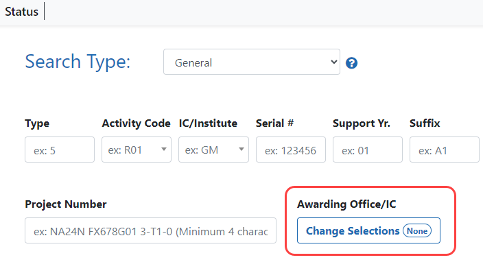 Awarding Office/IC field and button on the Status Search Type screen for SOs