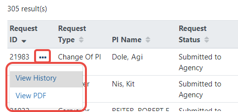 Select View History from three-dot ellipsis menu in search results for submitted requests.