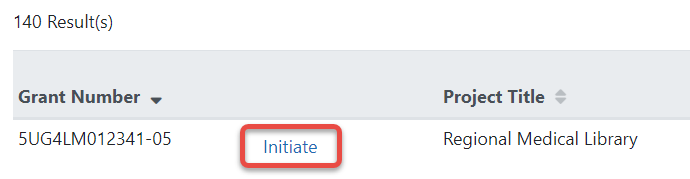 Initiate link for a grant eligible for the selected type of Prior Approval request