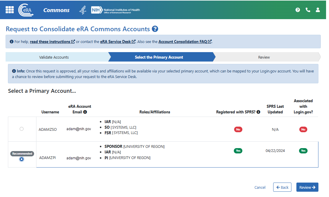 Request to Consolidate eRA Commons Accounts--Select the Primary Account screen