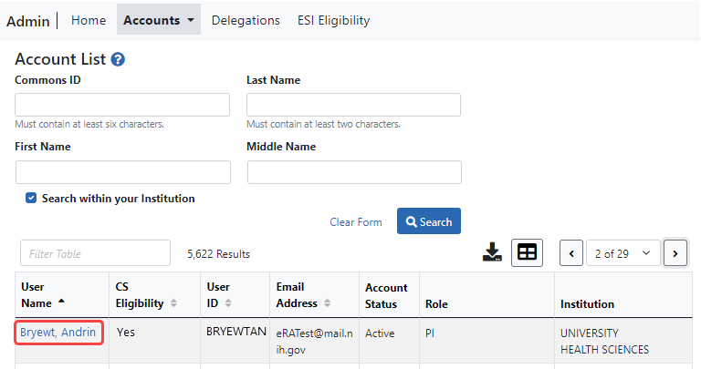 Account List Screen with a linked PI name outlined Account List Screen with a linked PI name outlined