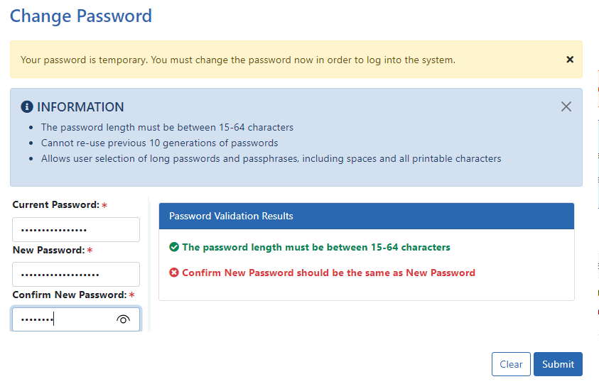 Change Password screen for expired password