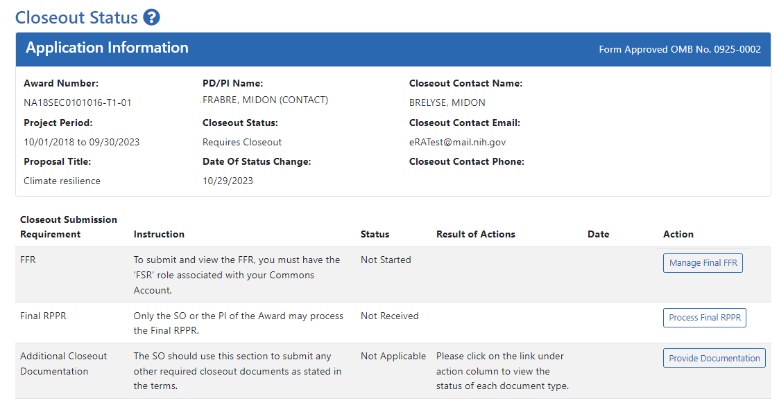 Closeout Status screen