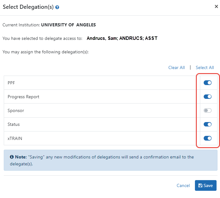 Toggles for granting or revoking authorities to the selected user