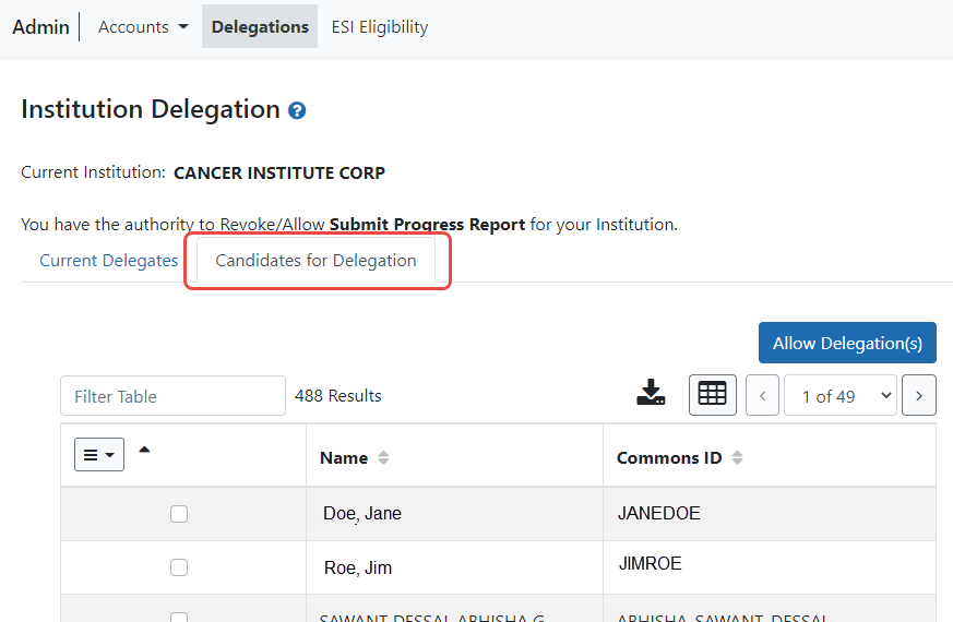 Institution Delegation Candidates for Delegation Tab