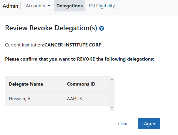 Review Revoke Delegation(s) screen