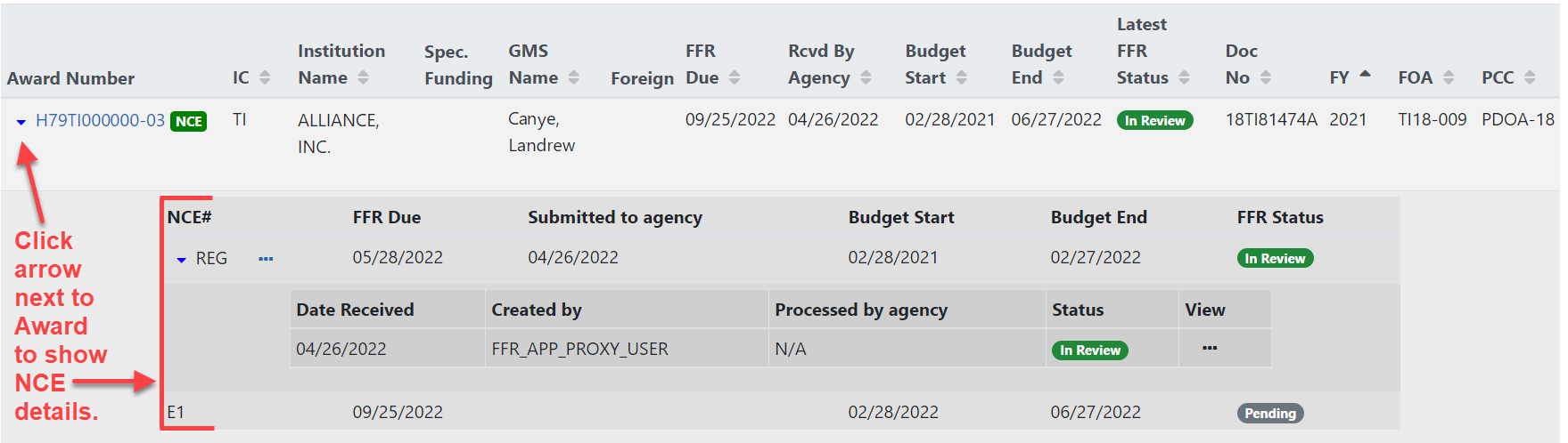 FFR showing NCE Information