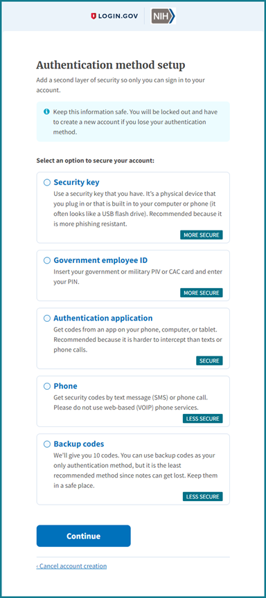 Login.gov Authentication Method Setup Screen
