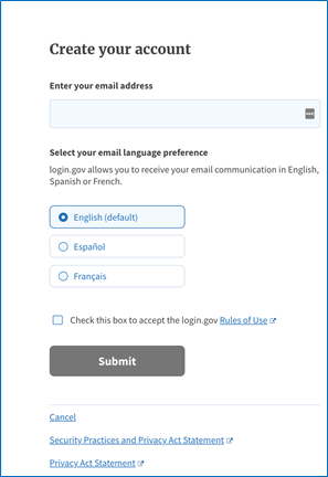 Login.gov Create Your Account Screen