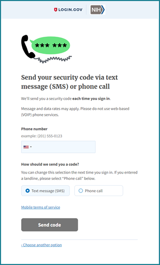 Login.gov Send Your Security Code Screen