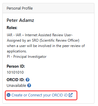 Personal Profile section indicating link to connnect to or create an ORCID iD