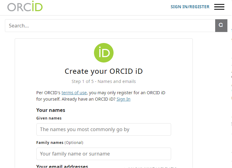 ORCID log in and registration page