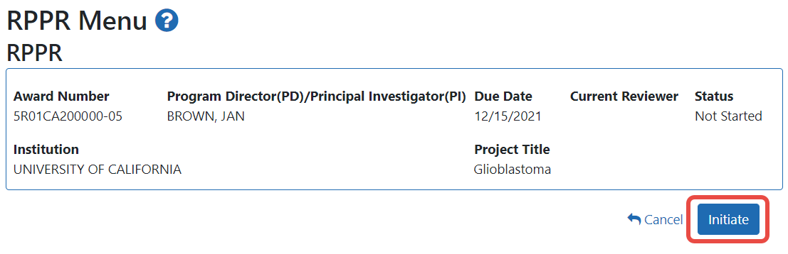 RPPR Menu screen, showing the Initiate button outlined
