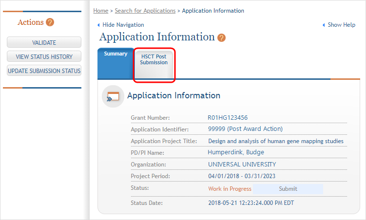 HSS tab in Application Information