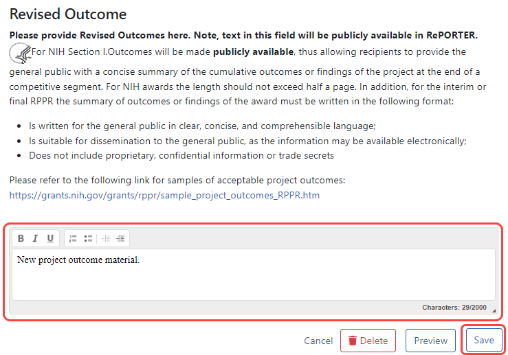 Revised Outcome area on Interim Additional Request for Materials screen