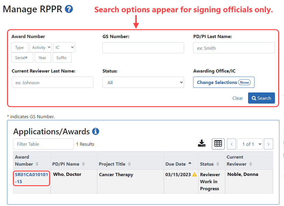Sample Manage RPPR screen
