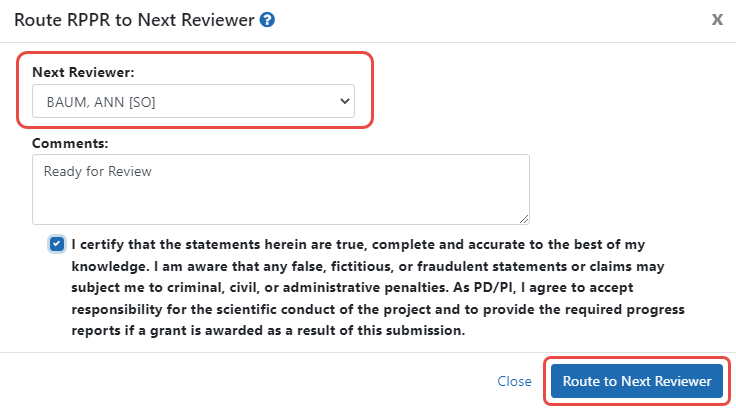 Route RPPR to Next Reviewer