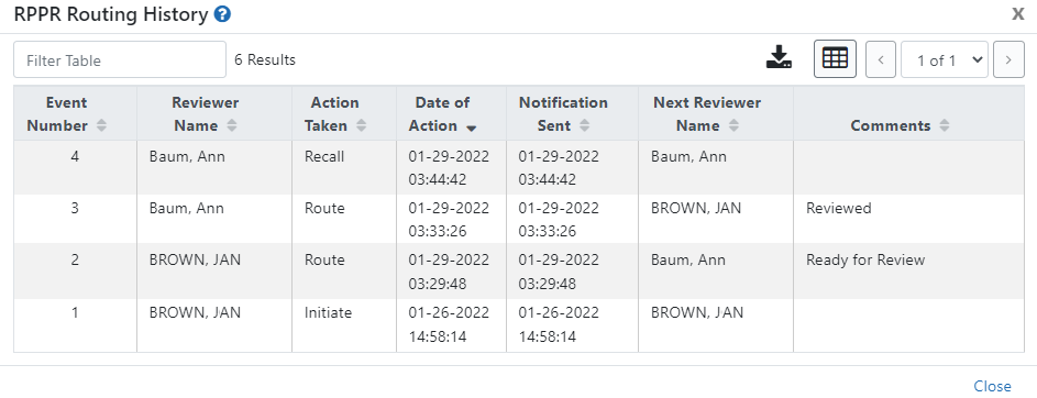 Routing History screen