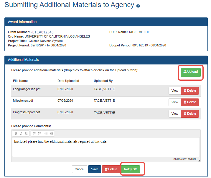 OTA Submitting Additional Materials to Agency screen