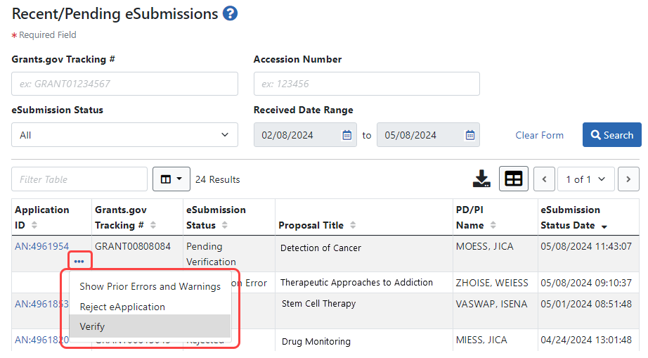 Recent and Pending administrative supplements have a Verify link in the Actions column