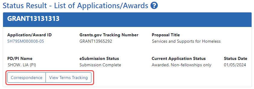 Sample results searching by Tracking Number