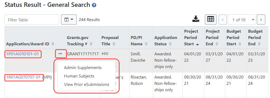 Sample of possible status result records