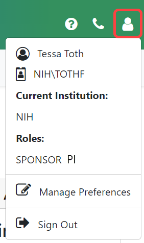 Person icon menu, showing name, user ID, instituion, roles, and sign out link