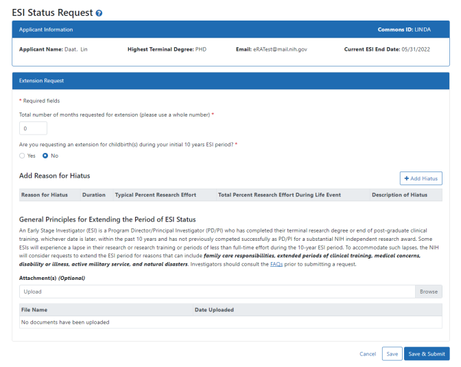 the ESI Status Request page