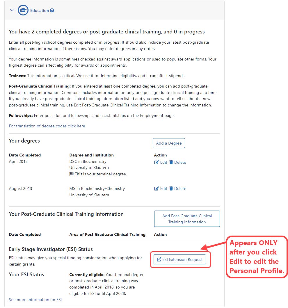screenshot showing the Education section in edit mode with the ESI Extension Request button circled