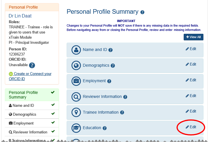 screenshot showing a Personal Profile screen with the Edit option for Education circled