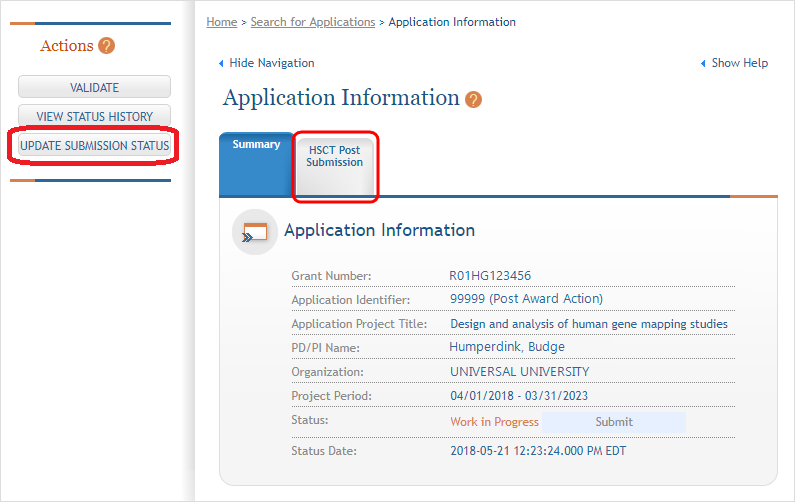 HSCT tab in Application Information