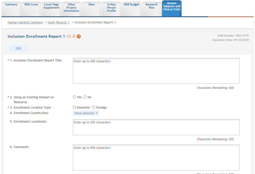 top part of Inclusion Enrollement Report 