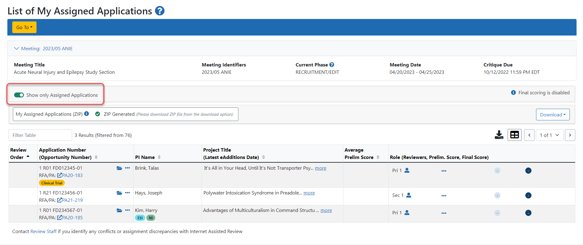 List of My Assigned Applications screen.