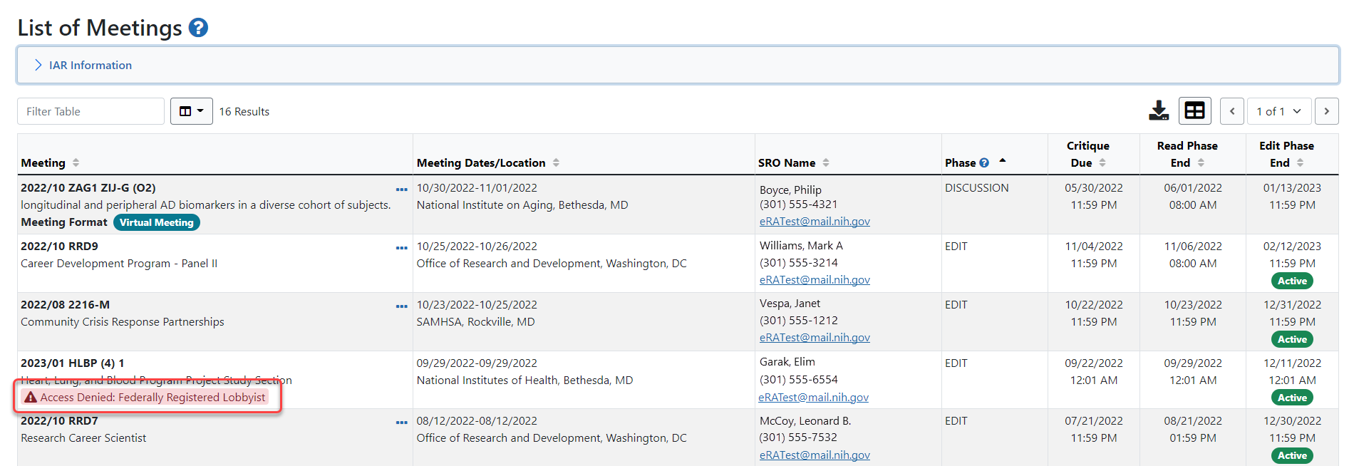List of Meetings screen showing access denied due to lobbyist status