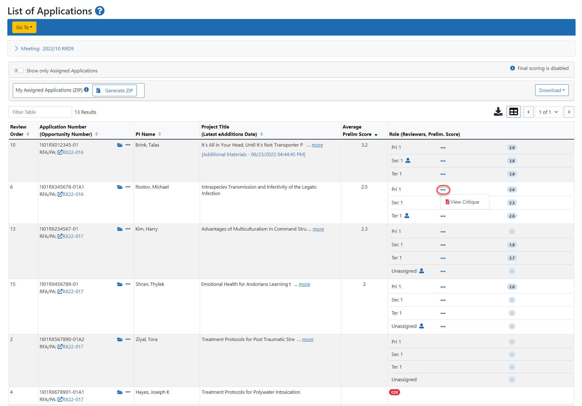 List of All Applications during read phase showing all applications in meeting.