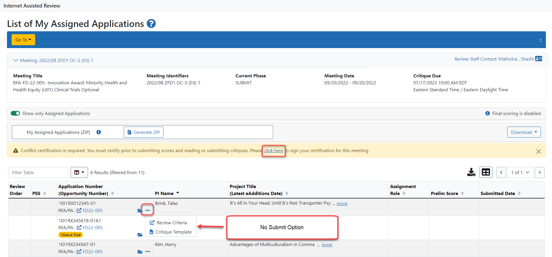 List of All Applications before eCOI certification showing alert and no Action links.