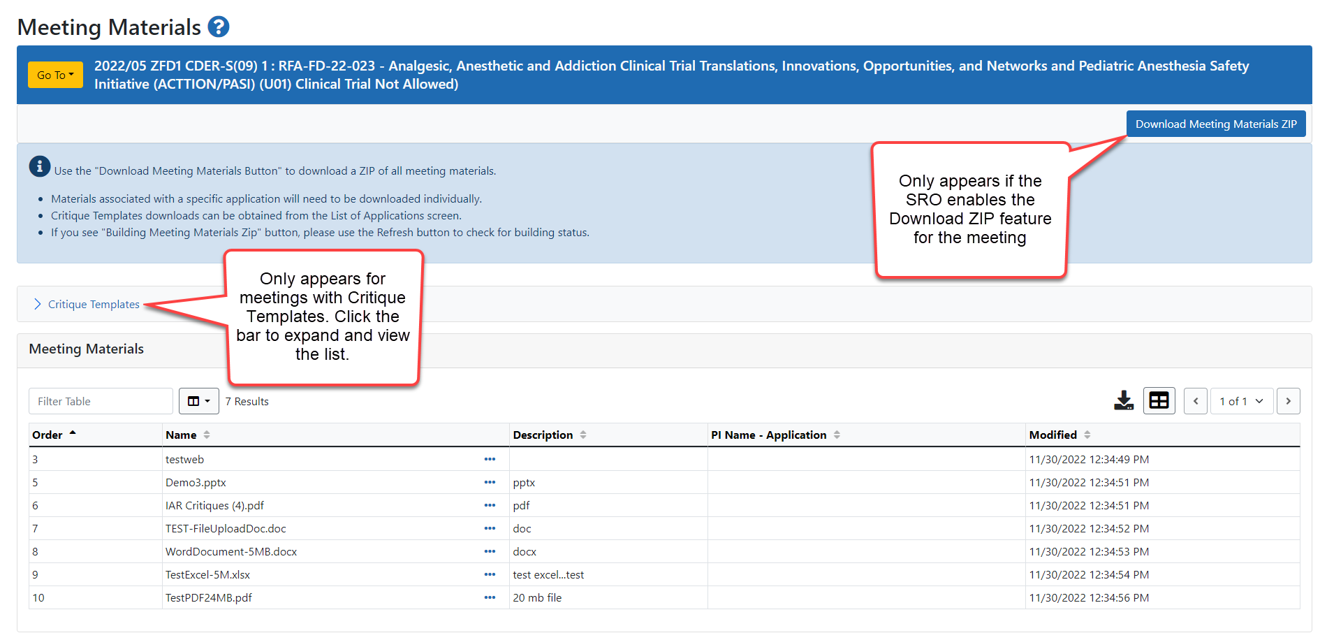 Meeting Materials screen showing expandable Critique Template section and Download Zip file button