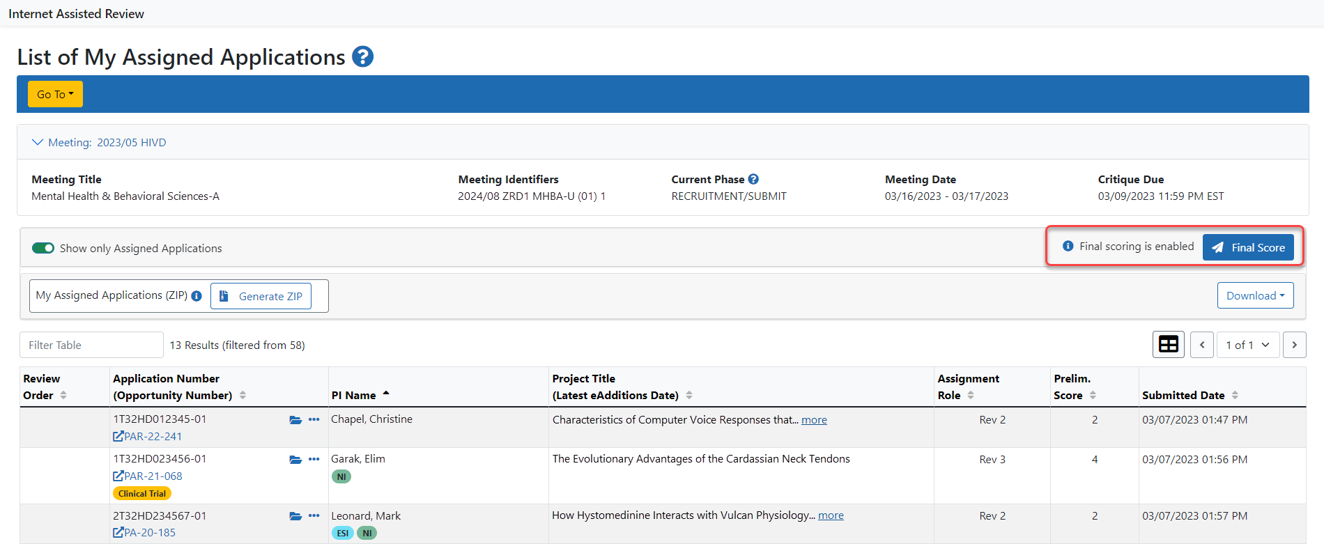 Reviewer Voter Sheet button on List of My Assigned Applications