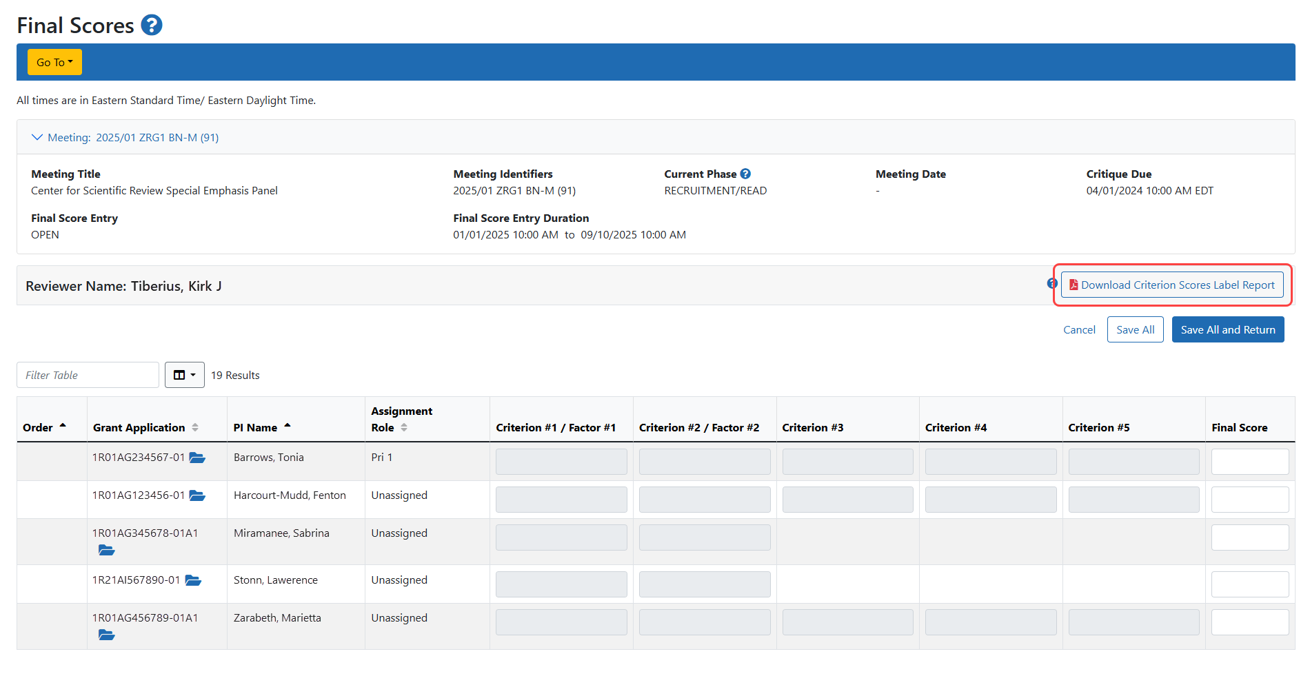 Criterion Scores Label Report link on Final Score Sheet