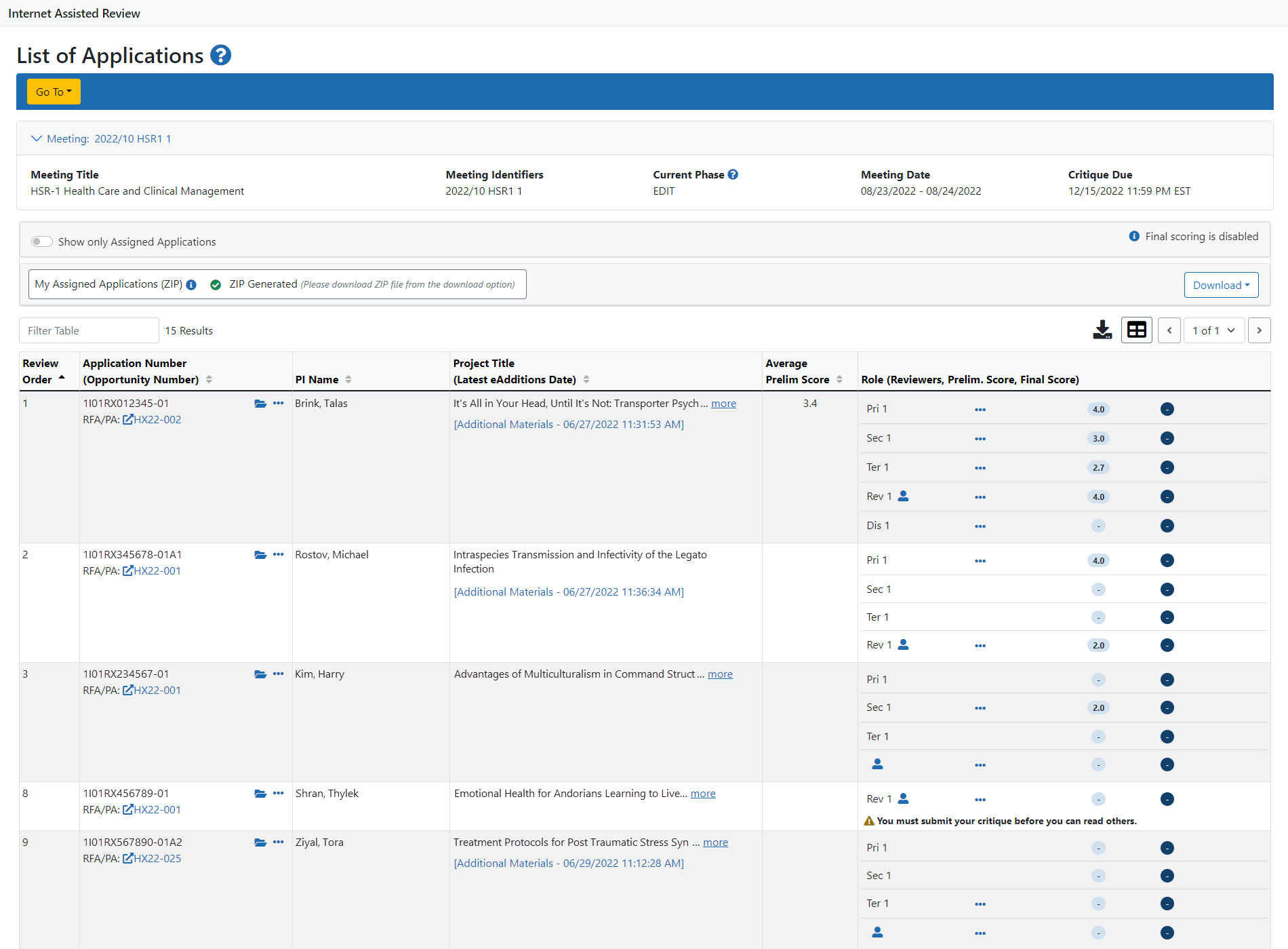 List of Applications screen for the edit phase.