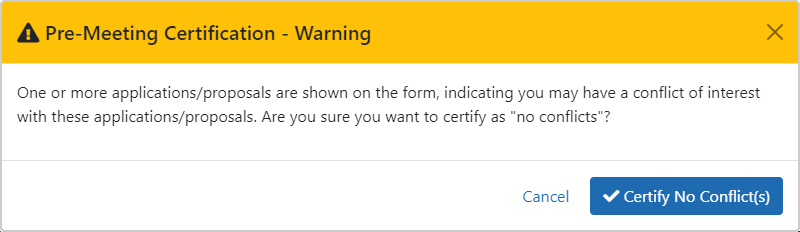 Pre Meeting Form - Warning screen