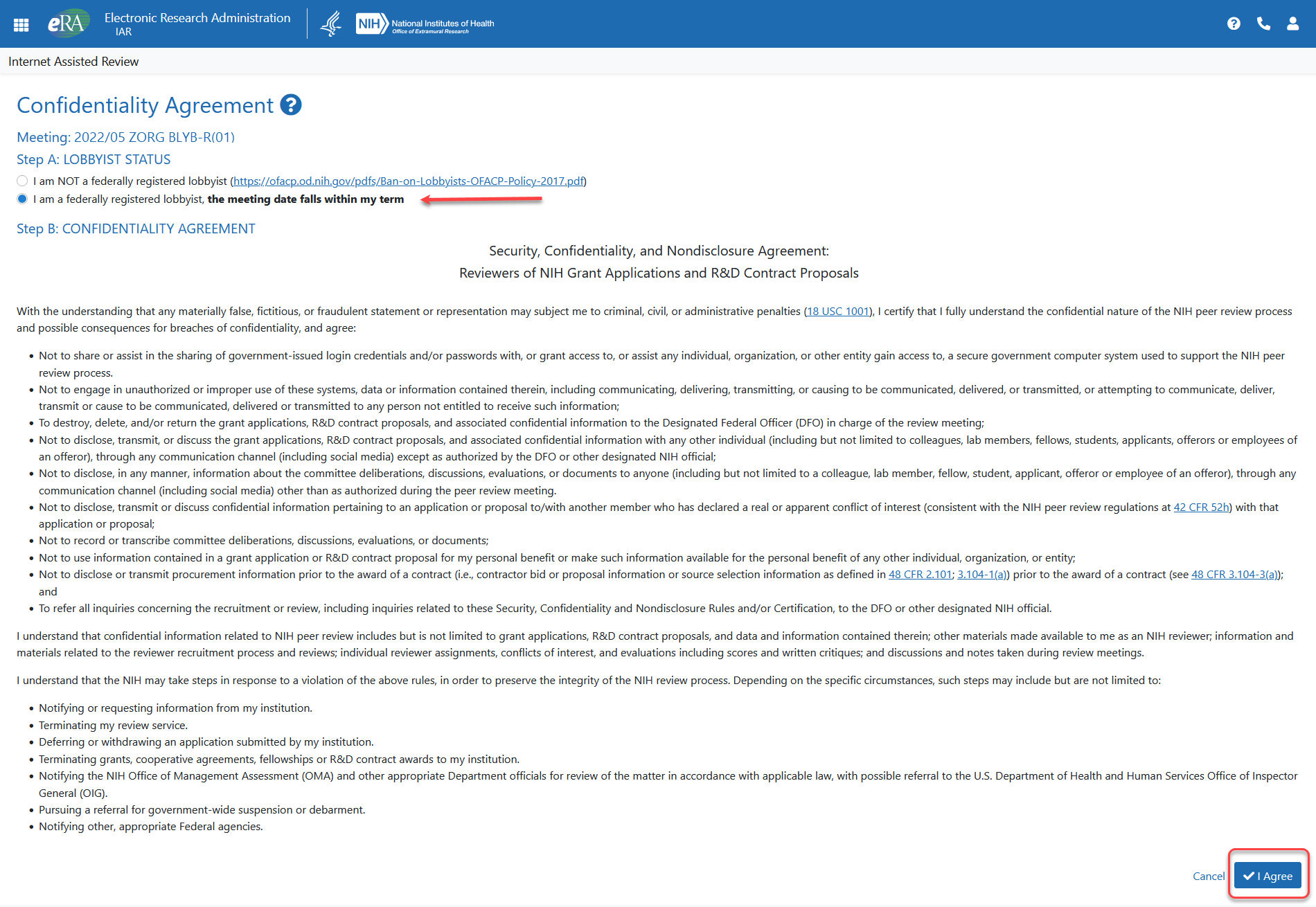 Confidentiality Agreement screen with the radio button for "I am a lobbyist" is selected